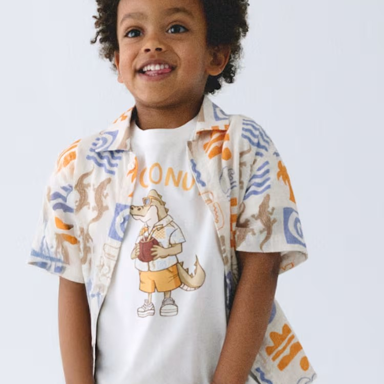 Mayoral Button-Down Shirt - Cream & Peach