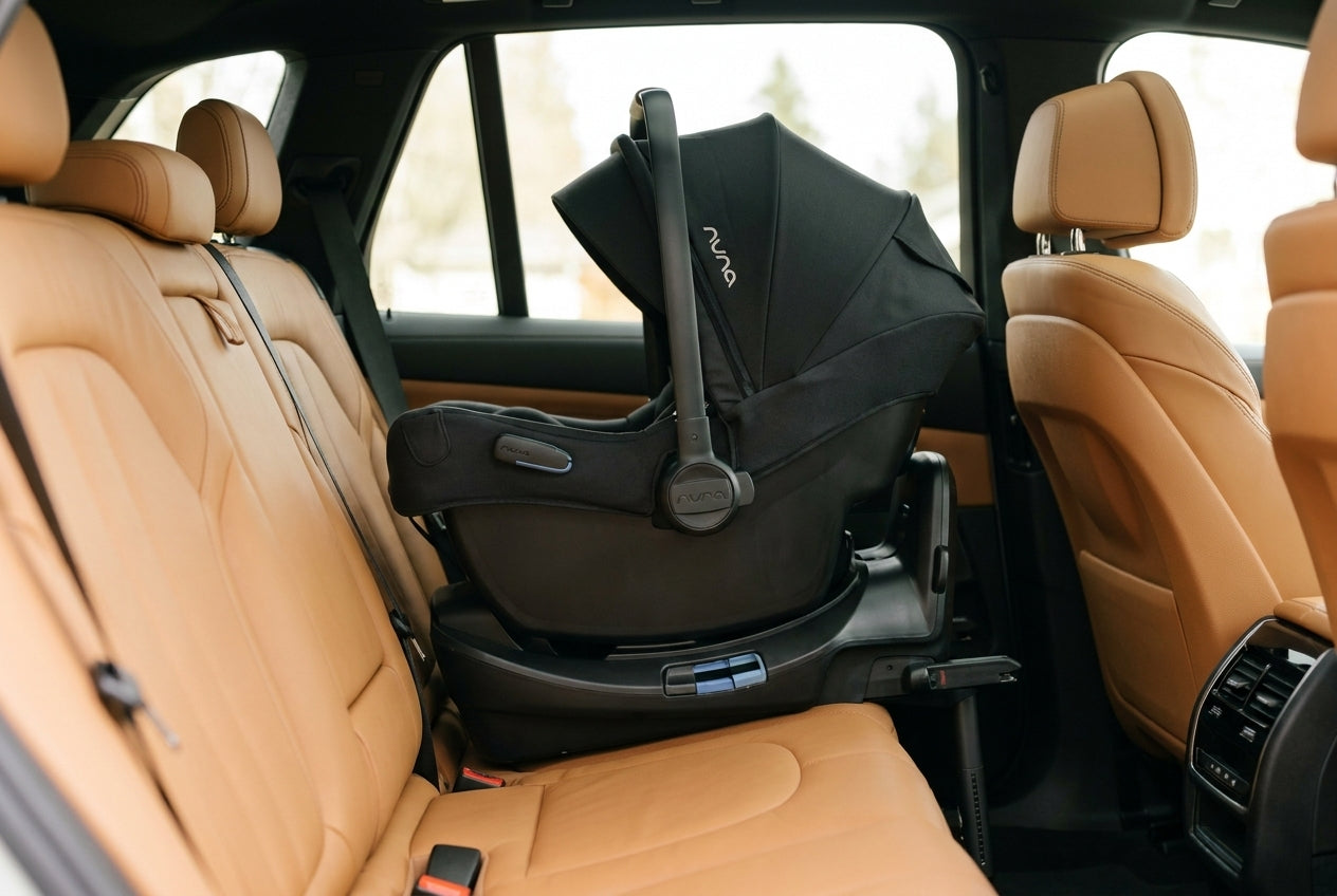 Nuna PIPA infant car seat correctly installed rear-facing in a car
